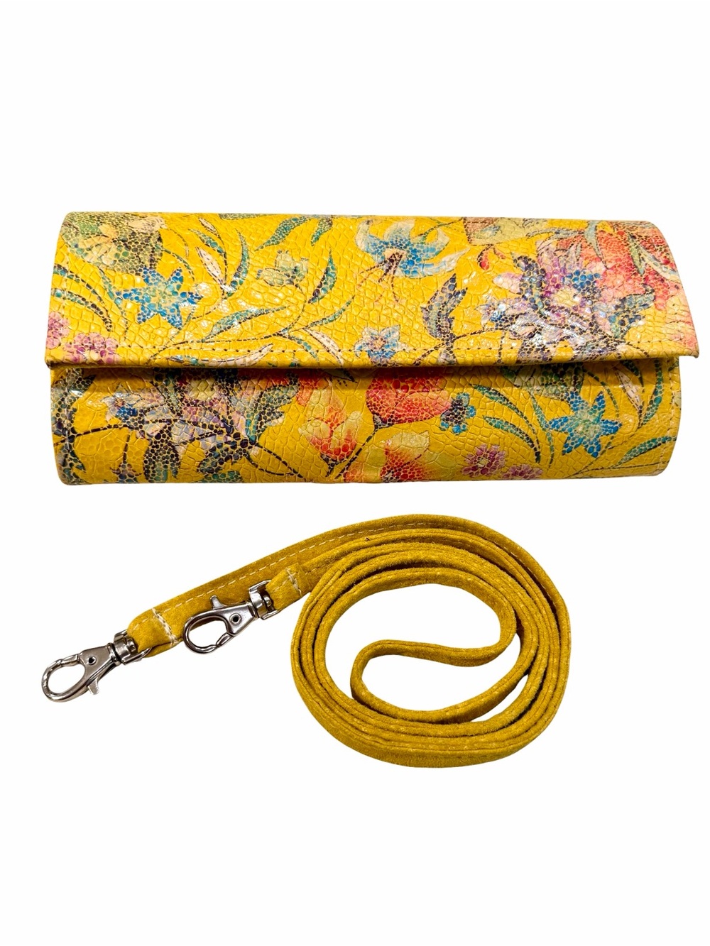 Vintage Clutch Crossbody Shoulder Floral Print Yellow Leather Handmade J Feldman